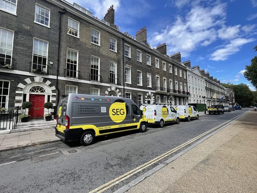 SEG vans parked on a London street