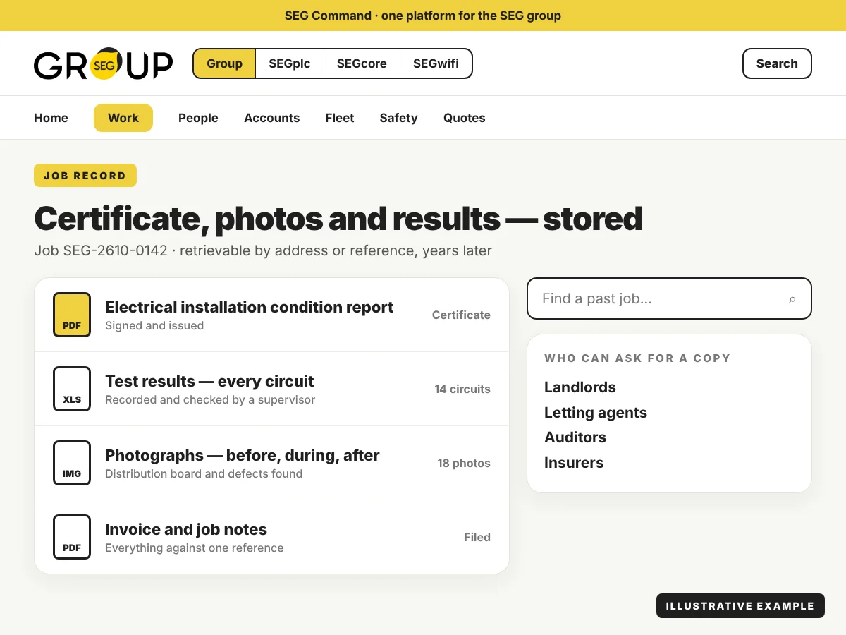 Example SEG Command screen: certificate, test results and photographs stored against a job