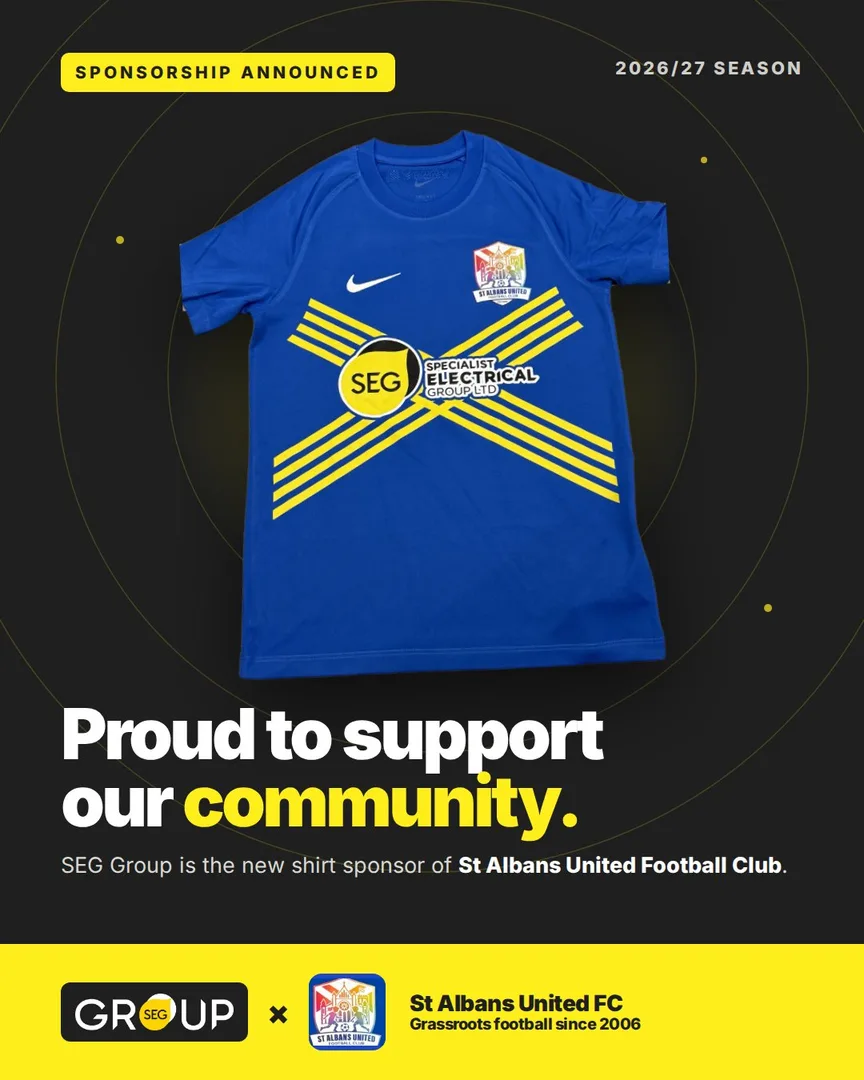 SEG Group shirt sponsor of St Albans United Football Club, 2026/27 season