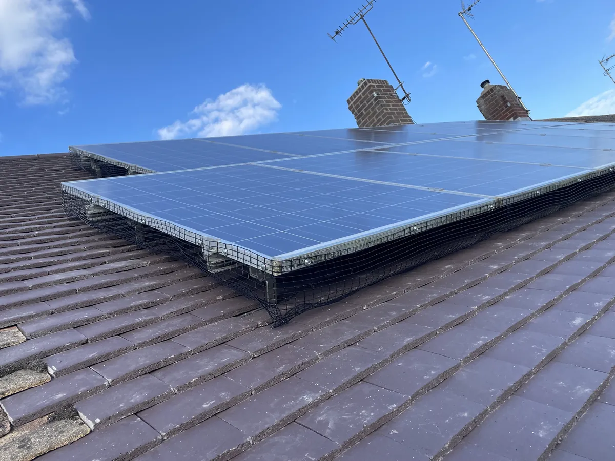 Solar array on a tiled roof with bird-proofing mesh