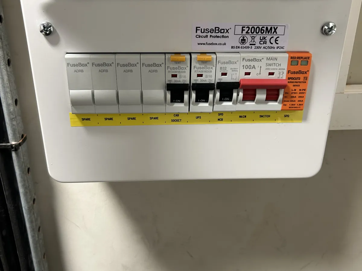 Labelled consumer unit with RCBOs, surge protection and spare ways