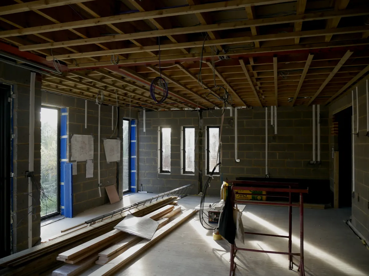 First-fix wiring in a new extension with exposed joists
