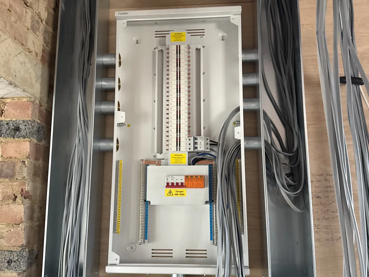 Three-phase distribution board with cables ready to terminate