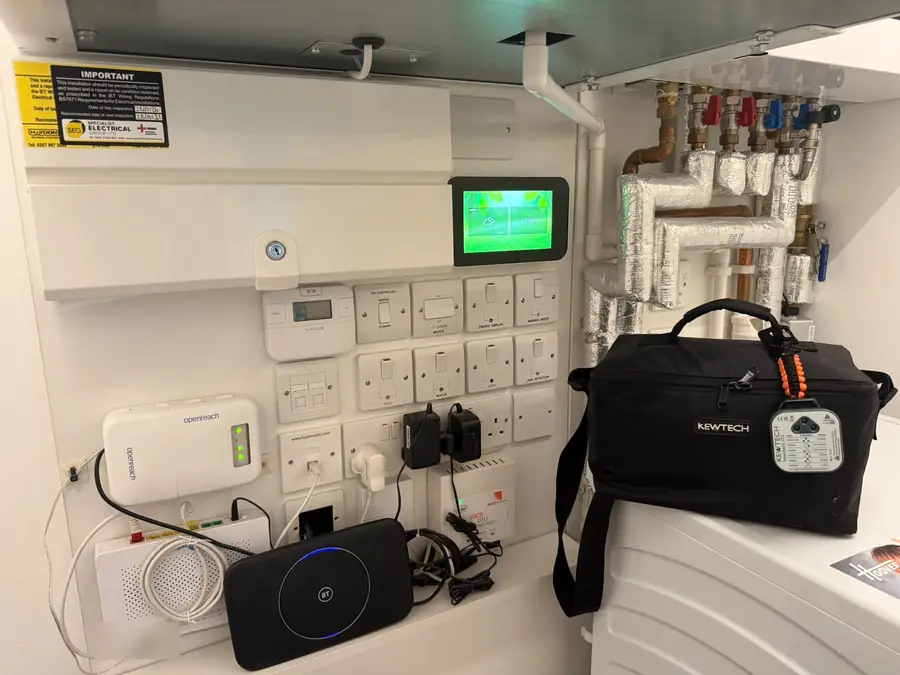 Flat services cupboard with the consumer unit and a new SEG inspection label dated 28 October 2026