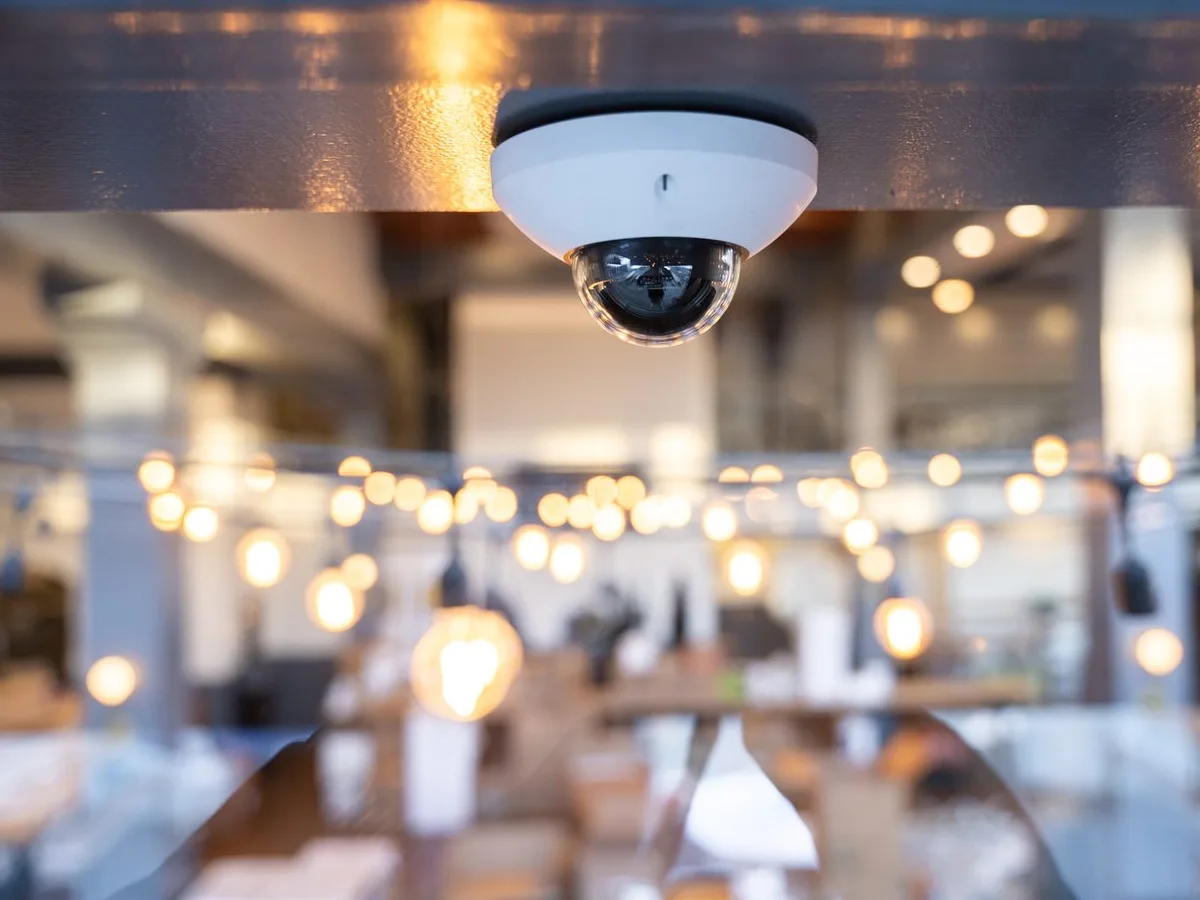 Dome CCTV camera on the ceiling of a hotel bar and restaurant