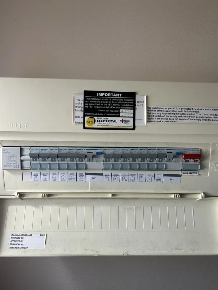 Fuse board with a new SEG inspection label after an EICR in St Albans