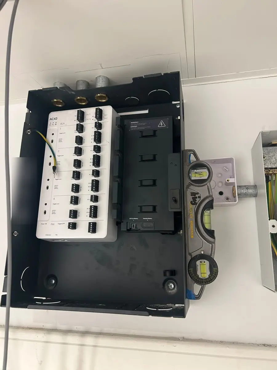 The new Verkada AC43 four-door controller mounted level in its enclosure, earthed, with brass bushes on the conduit entries