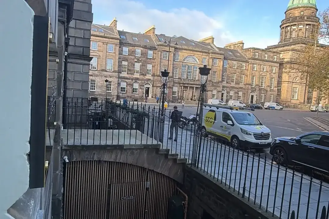 SEG van on Charlotte Square, Edinburgh, outside James Hambro's new office
