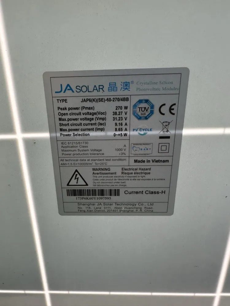 JA Solar panel rating label on the ground-mounted array