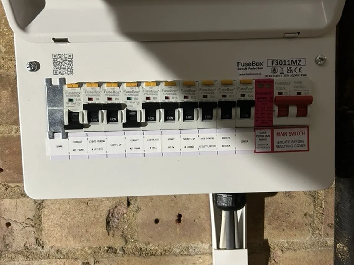 New FuseBox consumer unit fitted and labelled in the garage