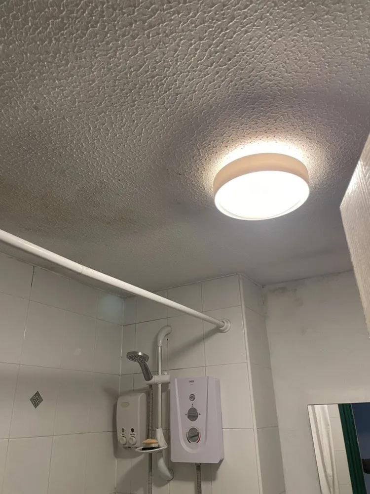 Ceiling light and shower area in a renovated bathroom